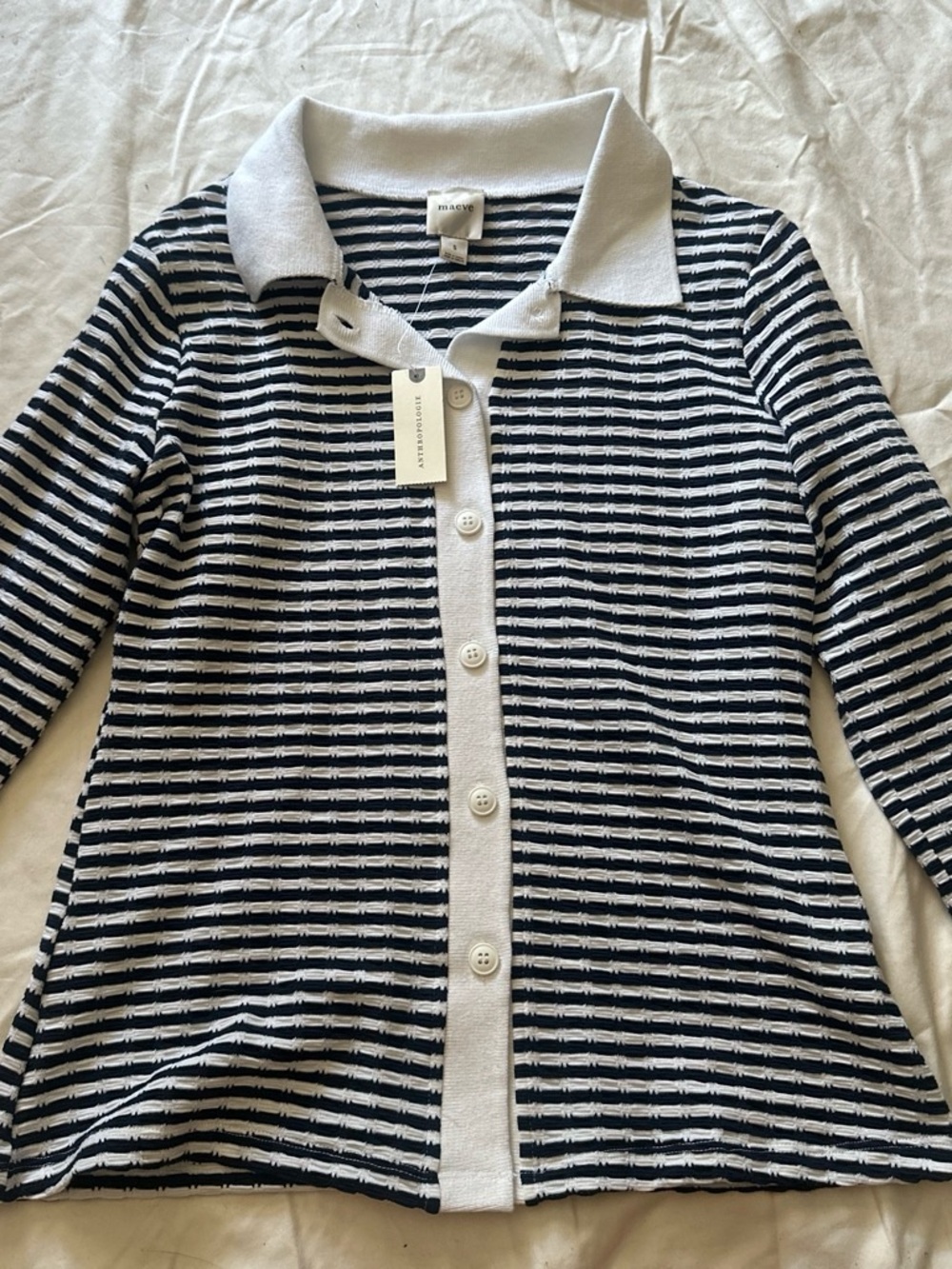 Anthropologie Navy and White Striped Button-Front Polo Sweater